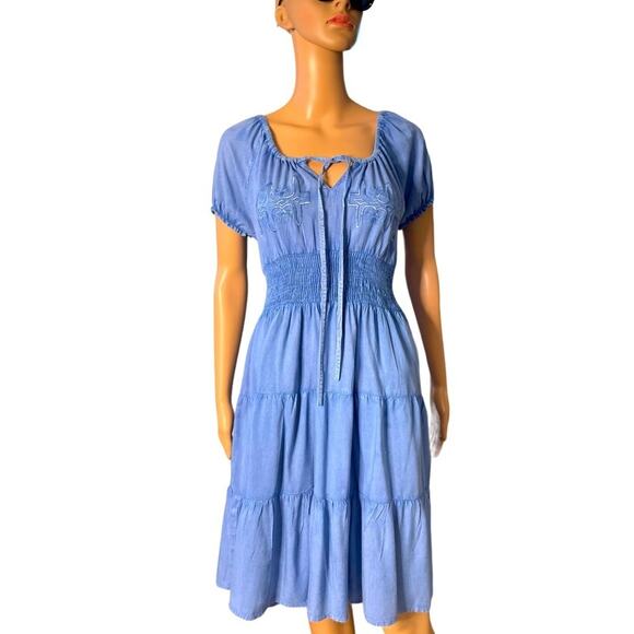 J Gee Dress Womens SP Blue Midi Short Sleeve Embroidered Smocked Tiered Boho - Picture 1 of 15